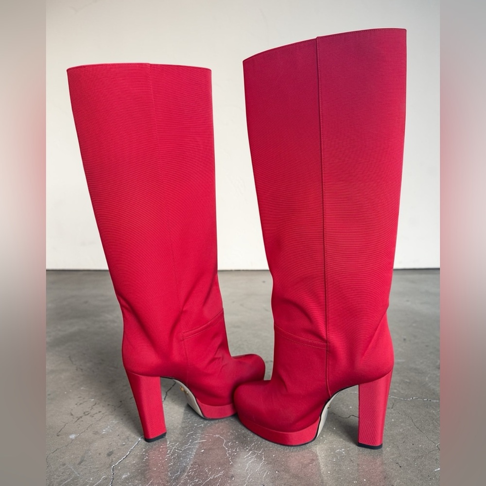 Gucci Red Heel Platform Runway Boots Ribbed Fabric Pull-on Size 36.5 US 6.5 - Picture 10 of 16
